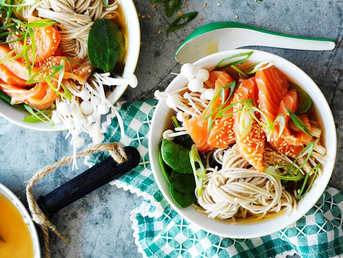 **[Miso broth with salmon and soba](https://www.womensweeklyfood.com.au/recipes/miso-broth-with-salmon-and-soba-8138|target="_blank")**

This delicious Japanese inspired miso broth is beautiful enjoyed with fresh salmon sashimi and light soba noodles.