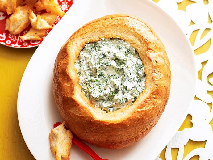 **[Cob loaf spinach dip](http://www.foodtolove.com.au/recipes/cob-loaf-spinach-dip-22462|target="_blank")**: This retro favourite is making a comeback, and it's no wonder - with a deliciously creamy spinach and bacon filling and crunchy crudites for dipping, it's a guaranteed winner at any gathering.
