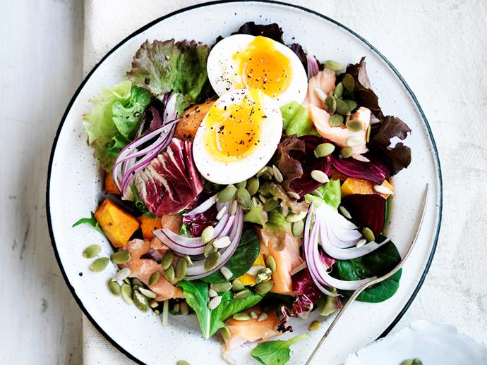 Looking for a light yet satisfying lunch? This fresh and tasty [hot-smoked salmon and egg salad](https://www.womensweeklyfood.com.au/recipes/hot-smoked-salmon-and-egg-salad-29055|target="_blank") is healthy, filling and makes a great portable lunch option.