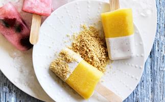 Coconut and mango ice-blocks with biscuit sand