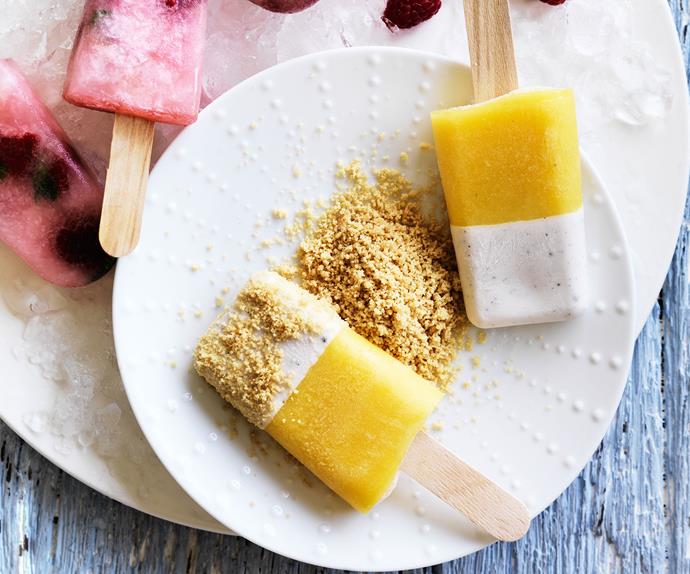 Coconut and mango ice-blocks with biscuit sand