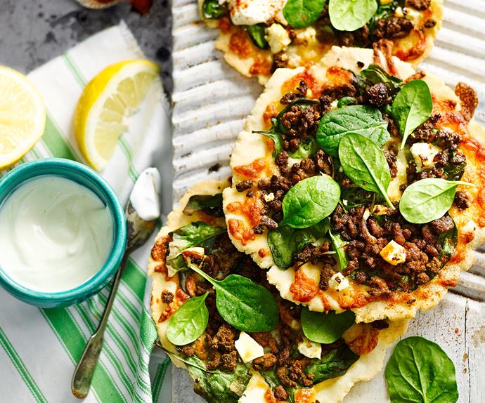 Spicy lamb, spinach and fetta pizzas
