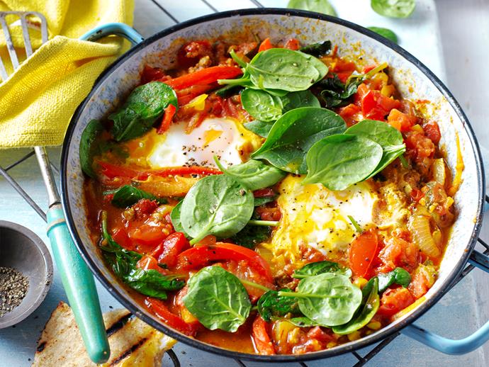 **[Smokey shakshuka](https://www.womensweeklyfood.com.au/recipes/smokey-shakshuka-29256|target="_blank")**

Gooey eggs, zesty tomatoes and delicious spices - a tasty and healthy start to your morning! Breakfast doesn't get much better than this!