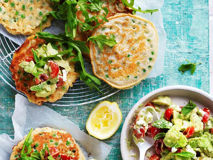 [Pea fritters with avocado goat's cheese](https://www.womensweeklyfood.com.au/recipes/pea-fritters-with-avocado-goats-cheese-29267|target="_blank")