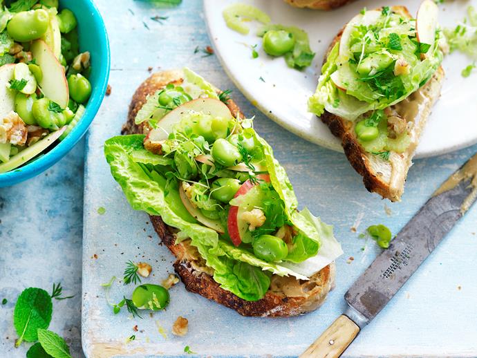 **[Broad bean, apple and walnut open sandwich](https://www.womensweeklyfood.com.au/recipes/broad-bean-apple-and-walnut-open-sandwich-29276|target="_blank")**

Fresh, crispy, light and nutty - this bean, apple and cashew spread open sandwich is a great way of shaking things up for lunch. And it's suitable for diabetics, too.