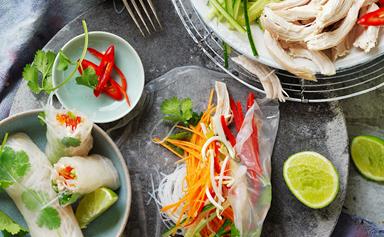 Ginger and chilli chicken rice paper rolls