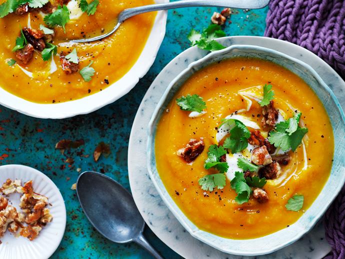 [Chai-roasted pumpkin soup with honey walnuts](https://www.womensweeklyfood.com.au/recipes/chai-roasted-pumpkin-soup-with-honey-walnuts-29283|target="_blank")

Creamy pumpkin soup with an added walnut crunch. Perfect for lunch or a light dinner.