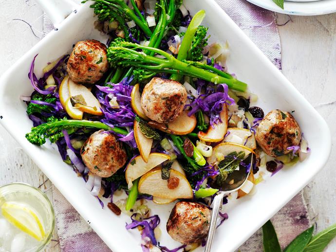 [Pork and sage meatballs with cabbage and pear](https://www.womensweeklyfood.com.au/recipes/pork-and-sage-meatballs-with-cabbage-and-pear-29290|target="_blank")

Golden meatballs and colourful vegetables tossed with sweet fried pear slices - this dish makes a heavenly lunch or dinner.