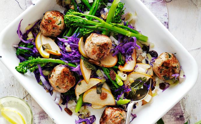 Pork and sage meatballs with cabbage and pear