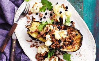 Roasted eggplant with spiced lamb