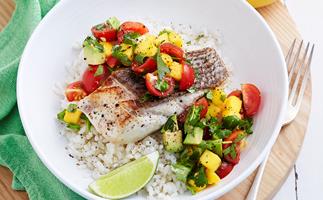 Grilled fish with mango salsa and coconut rice
