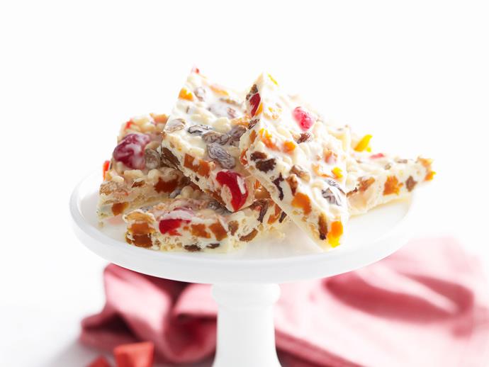 White chocolate fans rejoice! This delicious [White Christmas slice](https://www.womensweeklyfood.com.au/recipes/white-christmas-slice-29391|target="_blank") is filled with chewy cherries, apricots and coconut. Quick and easy just refrigerate till firm, then serve.