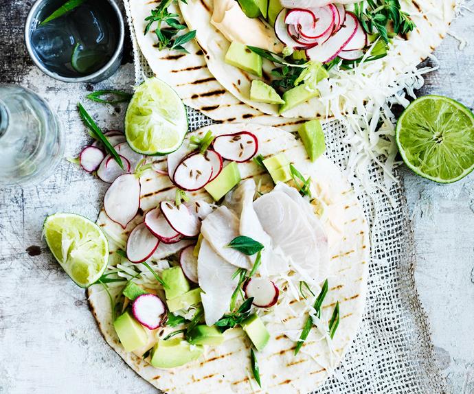 Kingfish ceviche tacos with pickled radish