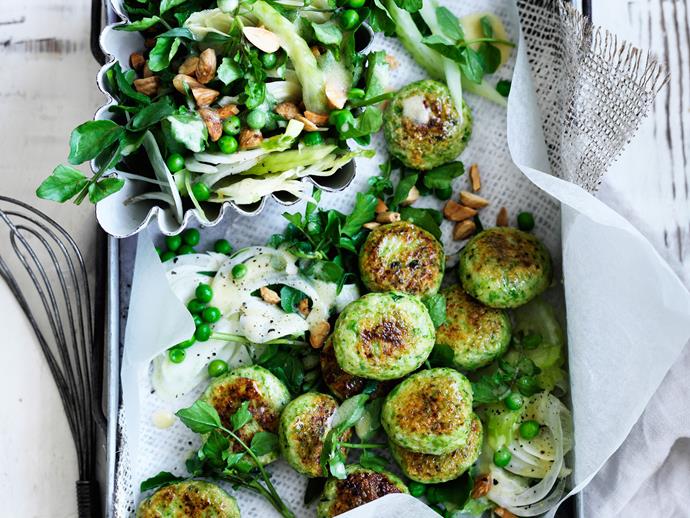 **[Pea, tarragon, prawn and almond cakes](https://www.womensweeklyfood.com.au/recipes/pea-tarragon-prawn-and-almond-cakes-29404|target="_blank")**

Green goodness and absolutely delicious! These vege-quarian pea and prawn patties can be made a day ahead, and served with our watercress salad and lemon mustard dressing.