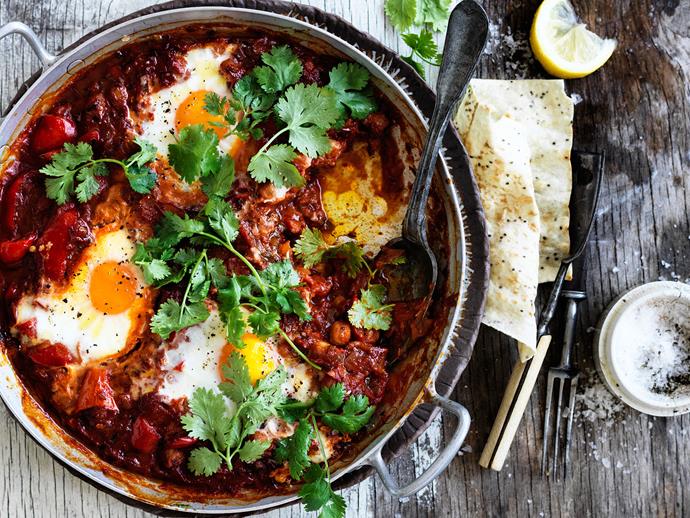 This Moroccan inspired **[chickpea shaskuka](https://www.womensweeklyfood.com.au/recipes/chickpea-shakshuka-29437|target="_blank")** dish has a spicy kick to it. Shakshuka is traditionally served at breakfast and perfect for dinner too. Serve with baked chia seed mountain bread and chili oil.