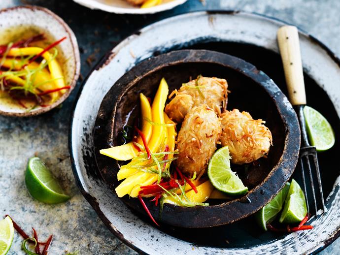 [Coconut fritters with mango, chilli and lime](https://www.womensweeklyfood.com.au/recipes/coconut-fritters-with-mango-chilli-and-lime-29452|target="_blank")