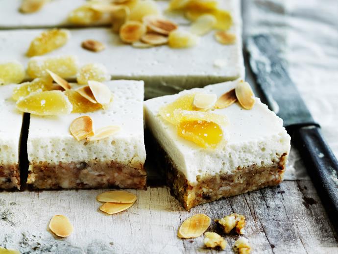 **[Ginger, coconut and almond slice](https://www.womensweeklyfood.com.au/recipes/ginger-coconut-and-almond-slice-29454|target="_blank")**

Ginger slice lovers rejoice! This delicious vegan friendly slice is layered with creamy coconut and topped roasted flake almonds and crystallized ginger.