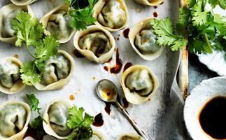 Green dumplings with soy chilli dipping sauce