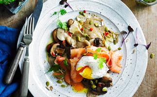 Mixed mushrooms with smoked salmon, egg and seed topping
