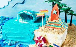 Surf's up at the beach cake