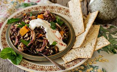 Lentil and rice salad with fried onions and yoghurt dressing