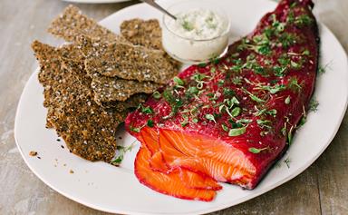 Beetroot-cured salmon gravlax with seed bark