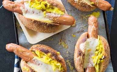 Hot dogs with sauerkraut & gruyère