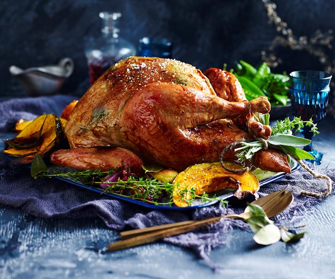 herbed butter roast turkey with prosciutto and pear stuffing