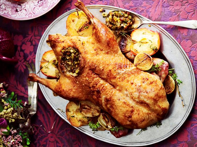 **[Roasted goose with spiced apples and onions](https://www.womensweeklyfood.com.au/recipes/roasted-goose-with-spiced-apples-and-onions-6064|target="_blank")**

This deliciously tender roast goose recipe is stuffed with a pisatchio and fig stuffing, perfectly balancing sweet and nutty. It's the perfect meal for a special occasion like Christmas.