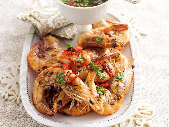 **Barbecued prawns with chilli lime dressing**
<br><br>
Use your fingers to dig in to these lip-smacking, spicy barbecued prawns.
<br><br>
[**Read the full recipe here**](https://www.womensweeklyfood.com.au/recipes/barbecued-prawns-with-chilli-lime-dressing-9829|target="_blank") 