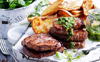 Steak and spuds with salsa verde
