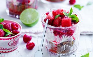 Watermelon, lime and berry cheesecake jars