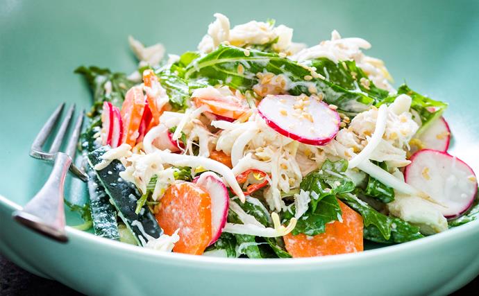 Pickled summer vegetable salad with crab, sesame & sprouts