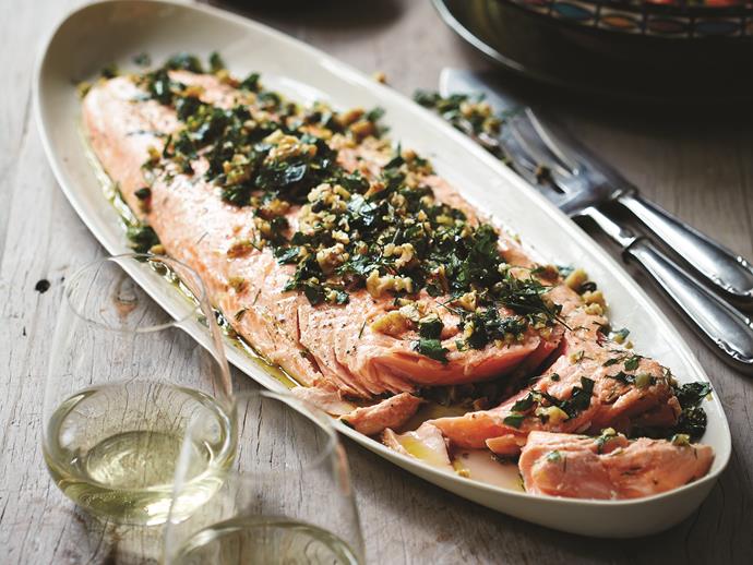 **[Baked salmon with herb and walnut salsa](https://www.womensweeklyfood.com.au/recipes/salmon-with-herb-and-walnut-salsa-29621|target="_blank")**

This beautiful baked salmon recipe was a must when Deborah Hutton was selecting recipes for her new book, 'Entertaining Made Easy'. After featuring it on The Australian Women's Weekly's TV Chistmas special, it has become a favourite on her Christmas table ever since.