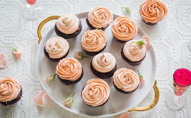 Tim Tam cupcakes with strawberry champagne frosting