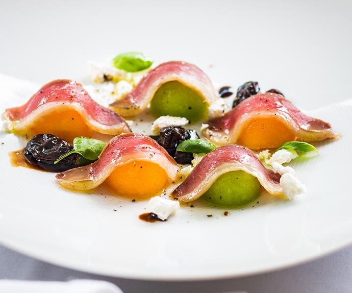 Duck prosciutto & melon with goat's cheese & muscatels