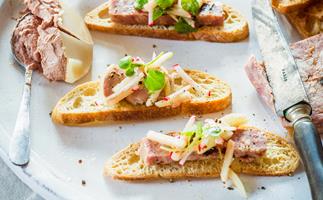 Crostini of chicken and duck parfait, or pork and prune terrine, with apple radish slaw