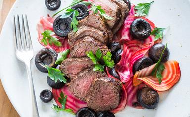 Peppered venison with candied beets and pickled mushrooms