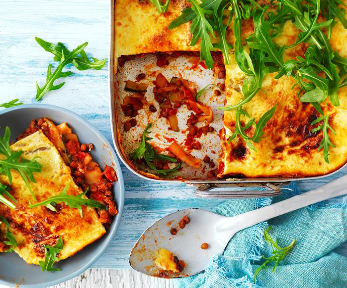 Char-grilled zucchini and lentil lasagne