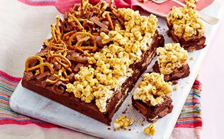Popcorn and pretzel brownies