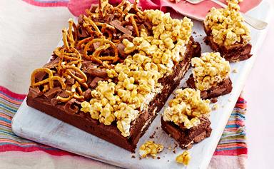 Popcorn and pretzel triple chocolate brownies