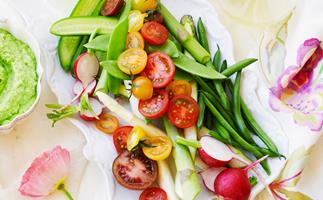 Vegetable crudité platter with pea and feta dip