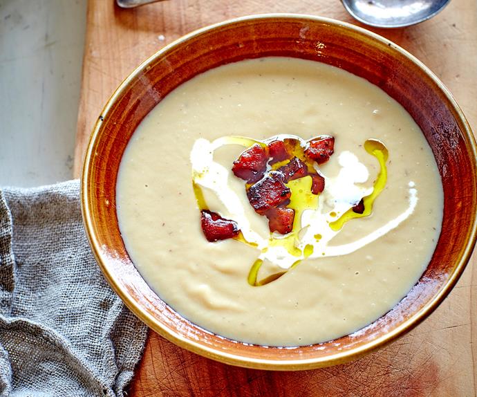 Parsnip, pear and chorizo soup