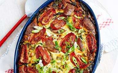 Sausage, tomato and spinach bake