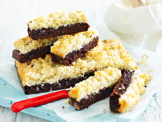 **[Chocolate slice with macaroon topping](https://www.womensweeklyfood.com.au/recipes/chocolate-slice-with-macaroon-topping-1644|target="_blank")**

This gorgeous slice pairs the rich, creaminess of chocolate with a fluffy and nutty coconut topping. Make a batch for morning or afternoon tea when entertaining.