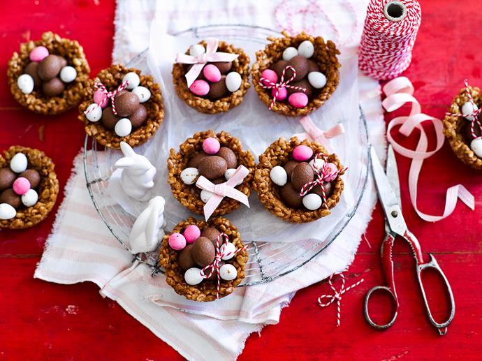 These adorable little [Easter egg nest](https://www.womensweeklyfood.com.au/recipes/easter-egg-rice-bubble-nests-29357|target="_blank")s are a fun way to jazz up the usual assorted of chocolate treats. They're made with an oozy Mars Bar mixture for maximum sweetness.