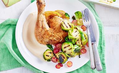 Lemon chicken with Brussels sprouts and grape salad