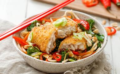 Fish with soy and ginger noodles