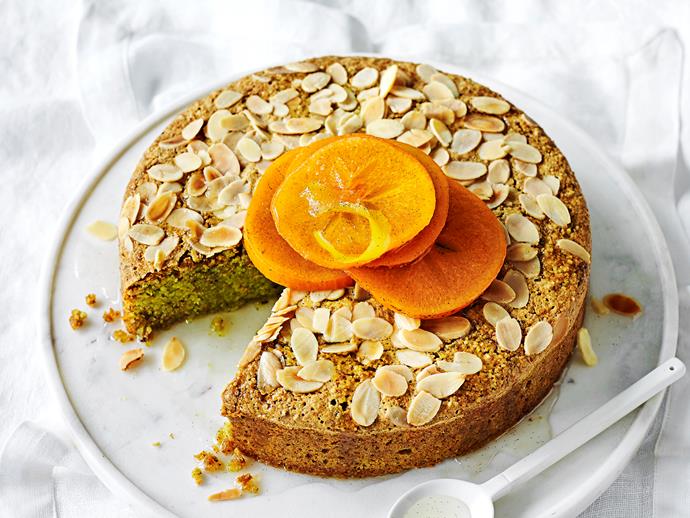 **[Pistachio and almond cake with poached persimmons](https://www.womensweeklyfood.com.au/recipes/pistachio-and-almond-cake-with-poached-persimmons-1691|target="_blank")**

Wonderfully light and fragrant, this beautiful pistachio and almond cake goes perfectly topped with crunchy flaked almonds and sweet and syrupy persimmons. Your weekend baking project is sorted!