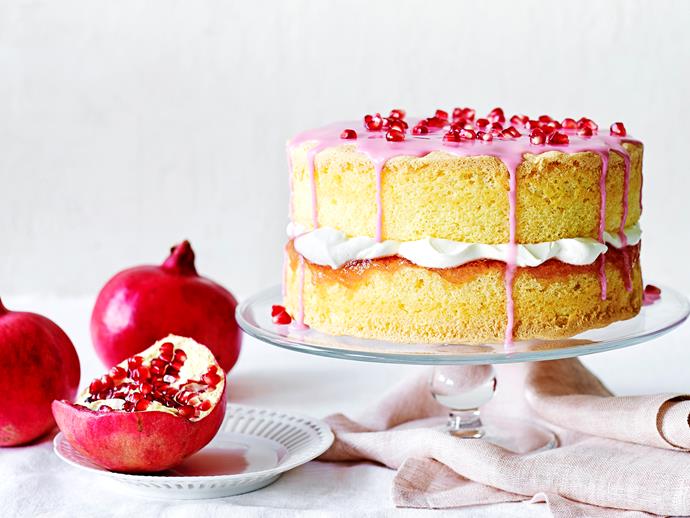 **[Pomegranate and rose petal sponge cake](https://www.womensweeklyfood.com.au/recipes/pomegranate-and-rose-petal-sponge-cake-1692|target="_blank")**

This show-stopping cake is the perfect dessert to make when entertaining dinner guests. Super-fluffy sponge cake goes beautifully with a creamy rose filling and zesty pomegranate icing.